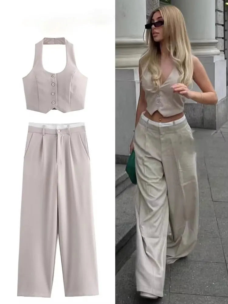 Women Fashion Solid Vest Pant Suit Single Breasted Halter Cropped Vests Top.