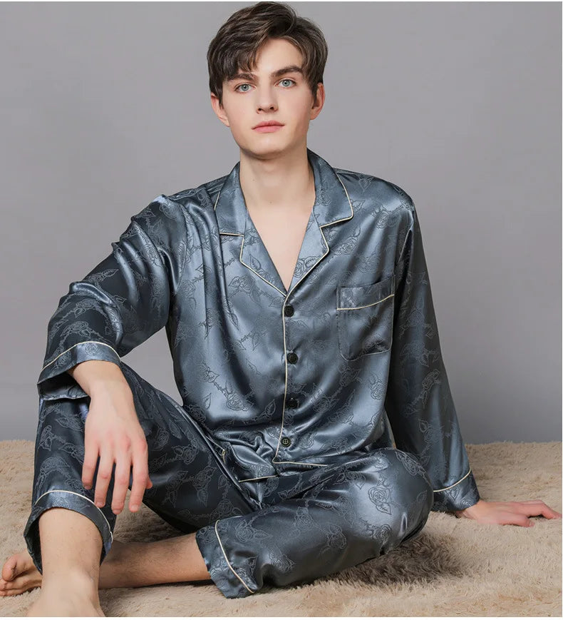 Men Ice Silk Pajamas Suit Summer Plus Size.