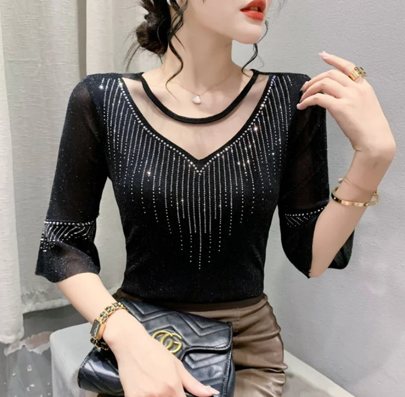Summer Women Tops New Korean Fashion Diamond Mesh T Shirt V-neck.