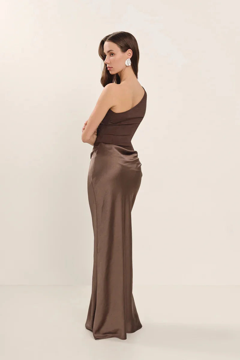 Women’s Mozision Satin Inclined Shoulder Sexy Maxi Dress.