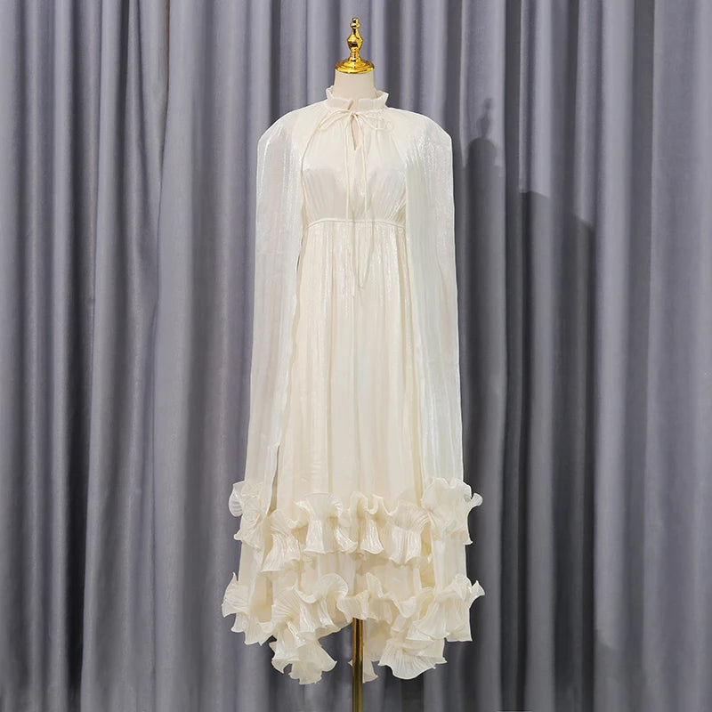 VGH Solid Spliced Ruffles Cape Long Dresses for Women.