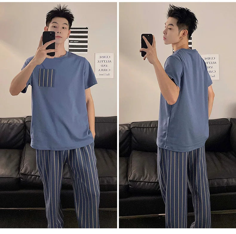 Summer Knitted Plaid Cool Mens Pyjamas Pajamas Casual Pjs Lounge Sets.
