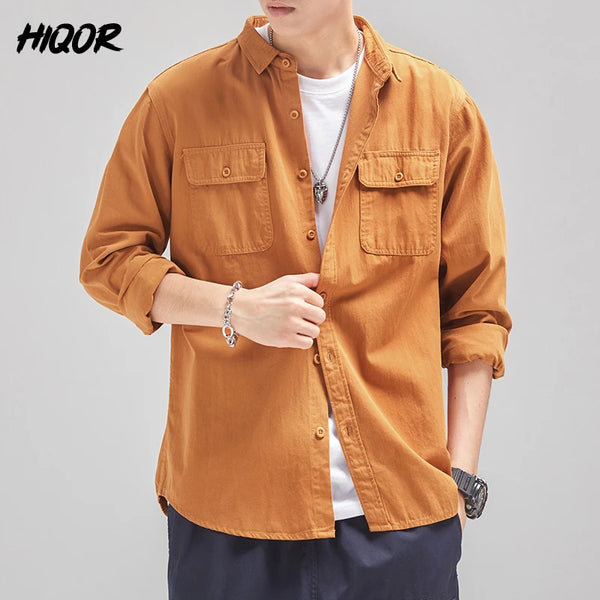 Mens Vintage Shirt Male Lone Sleeve Cargo Shirts Cotton Casual Solid Shirt.