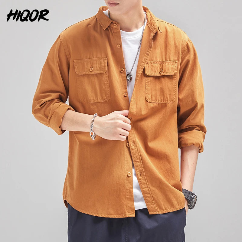 Mens Vintage Shirt Male Lone Sleeve Cargo Shirts Cotton Casual Solid Shirt.