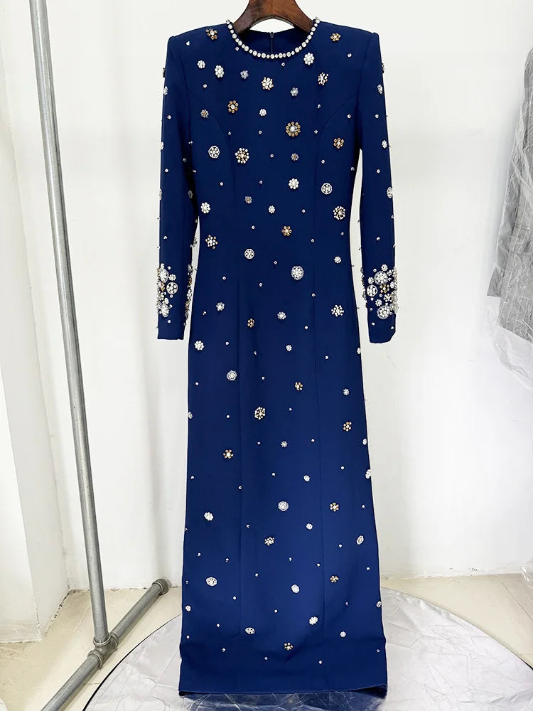 Women's Formal Long Sleeve Luxurious Beaded Long Maxi Dress.