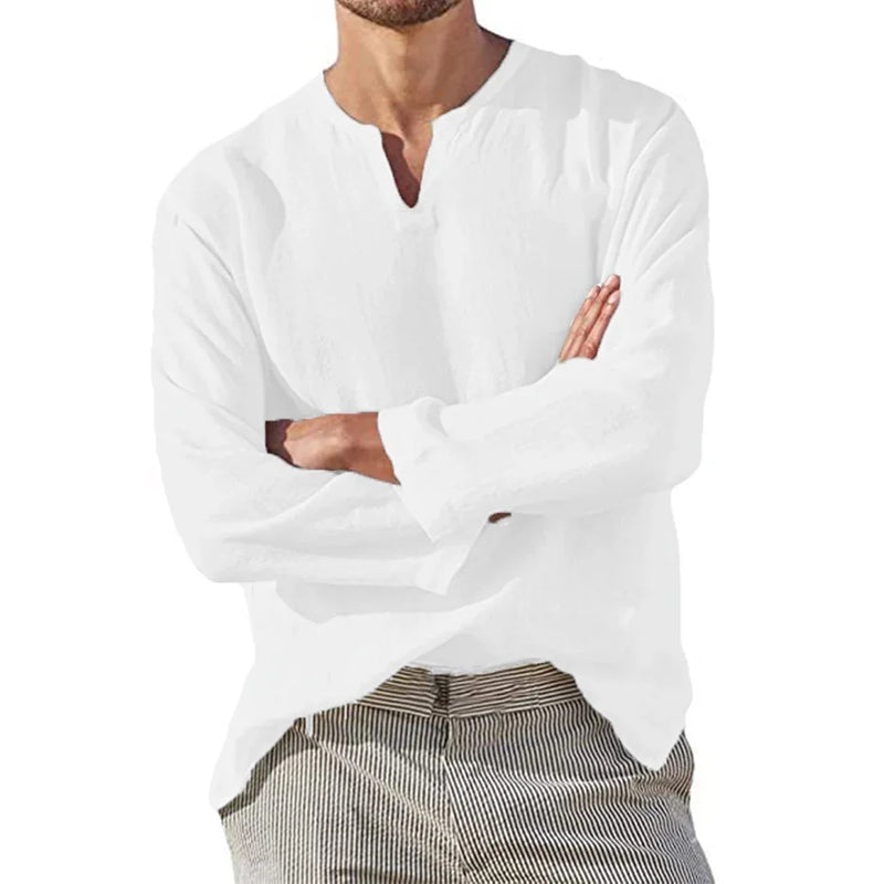 Men's Cotton Linen Shirt Cozy Solid Color Long Sleeve Breathable Tops.