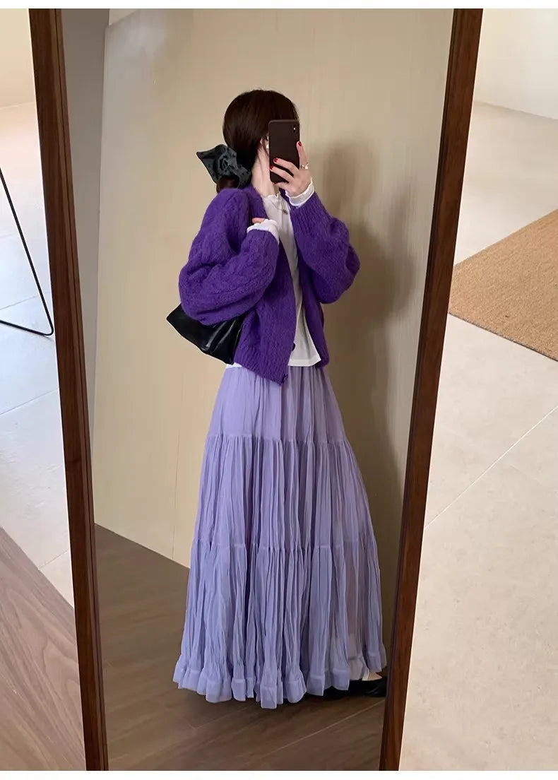 Elegant Pleated Skirt for Women with Elastic Waist Slim Fit A-Line Long.