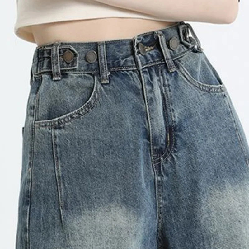 Women's Denim Shorts American Retro High-Waisted Jean Shorts.