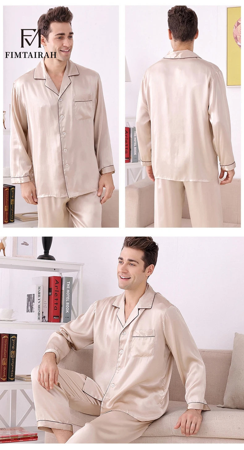 Men's Two Sets Sleepwear Summer Soft Long Sleeve  Home Wear  Mulberry Silk Pijimas.