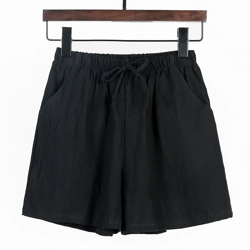 Women Summer Cotton Shorts Casual Solid Pockets Basic Shorts Elastic Waist.