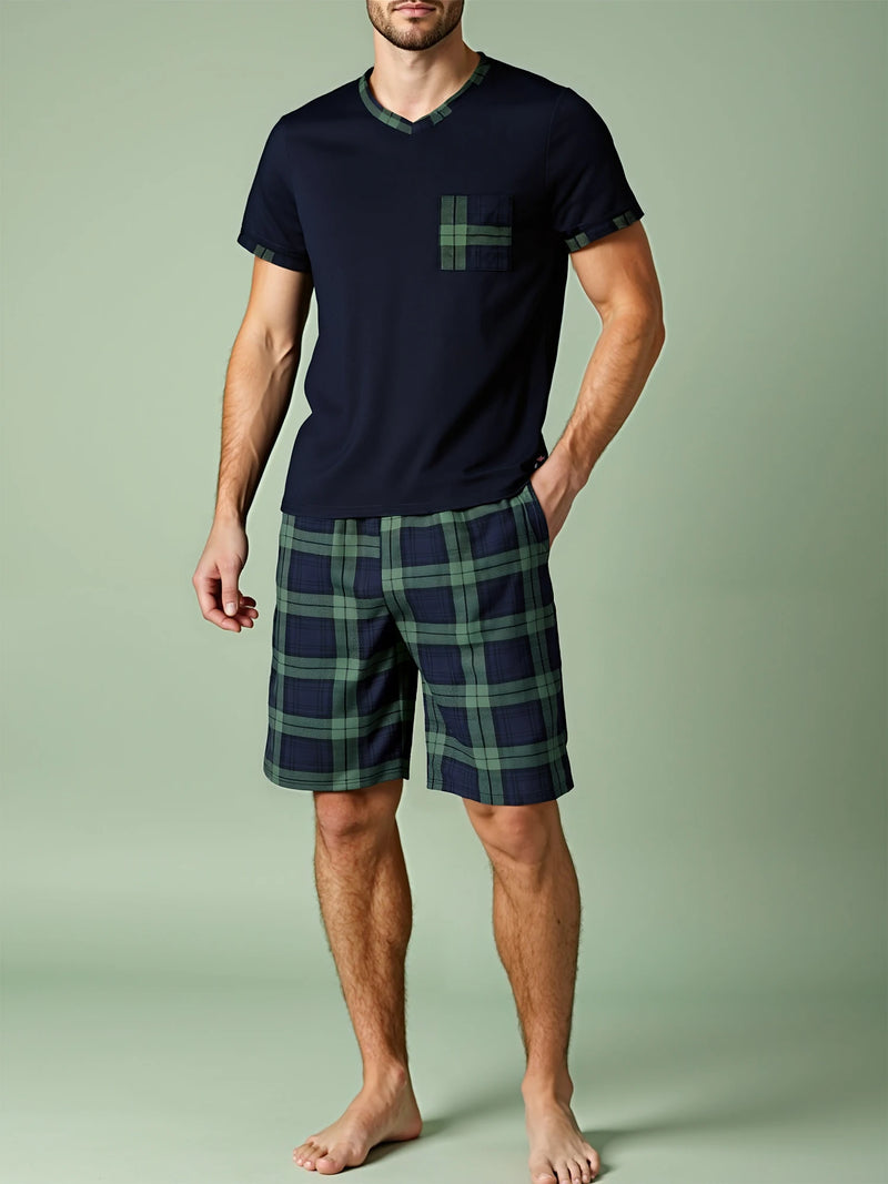 Mens Pajama Sets Short Sleeve Plaid Pajamas.