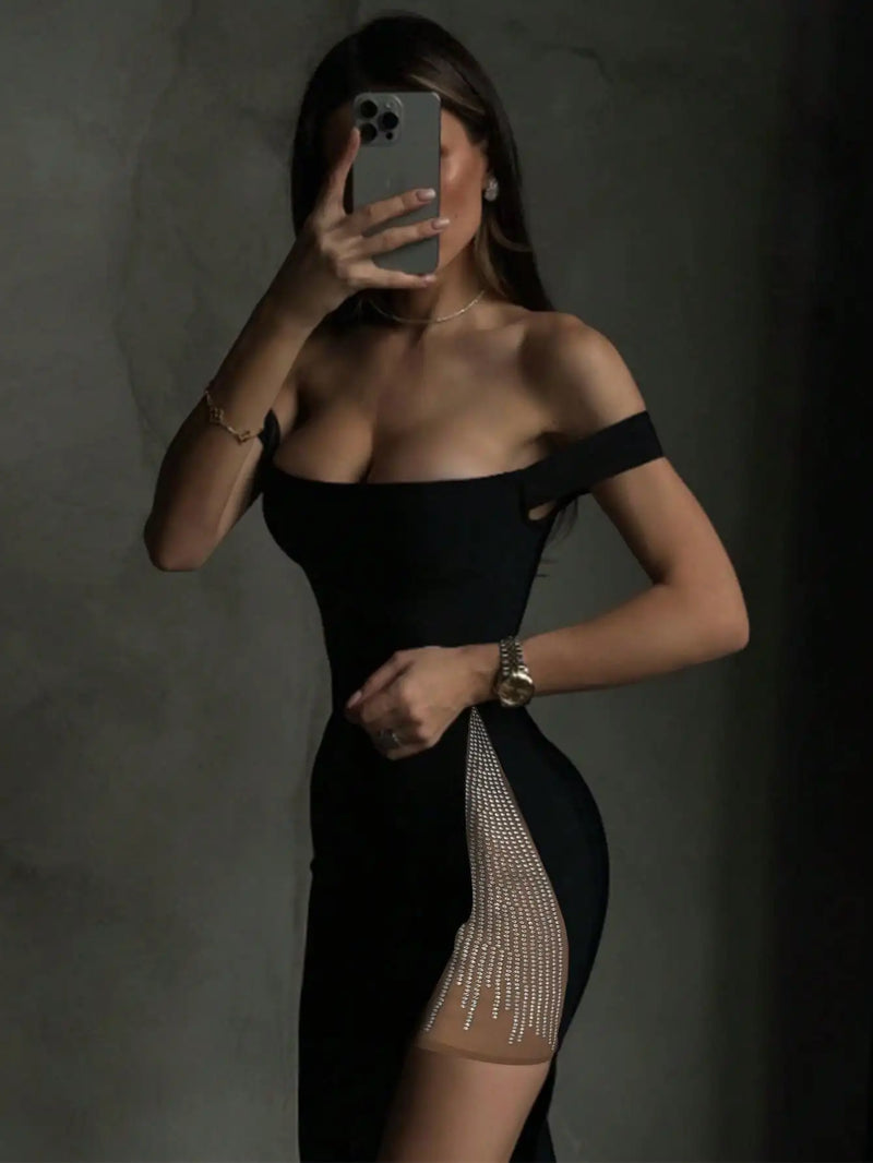 Sexy Spaghetti Strap Off Shoulder Black Midi Bodycon Dress For Women.