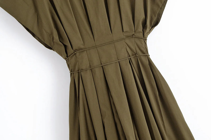 Women's New Fashion V-neck Pleated Down Shoulder Short Sleeve Midi Dress.