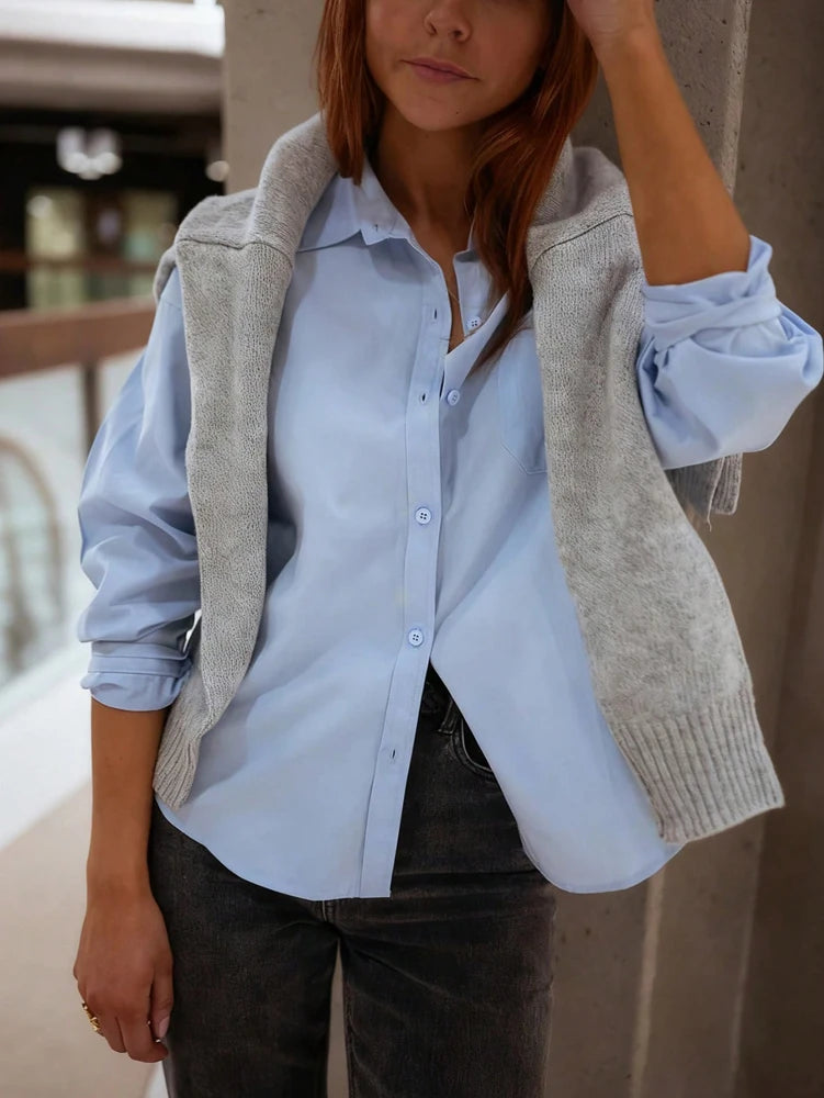 Spring/Summer Women's Casual Resort Solid-Colour Back-Button Shirt Fashion.