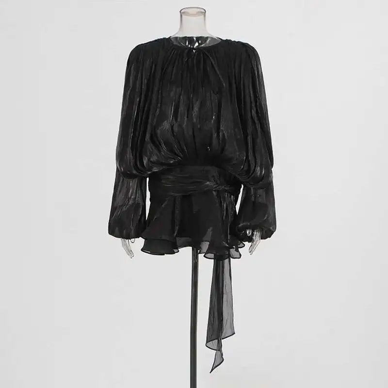 TWOTWINSTYLE Solid Blouse Mini Dresses For Women V Neck Long Sleeve.