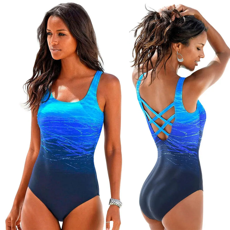 Sexy backless one-piece Swimsuit for Women Swimwear Bathing Suit Gradient Print.