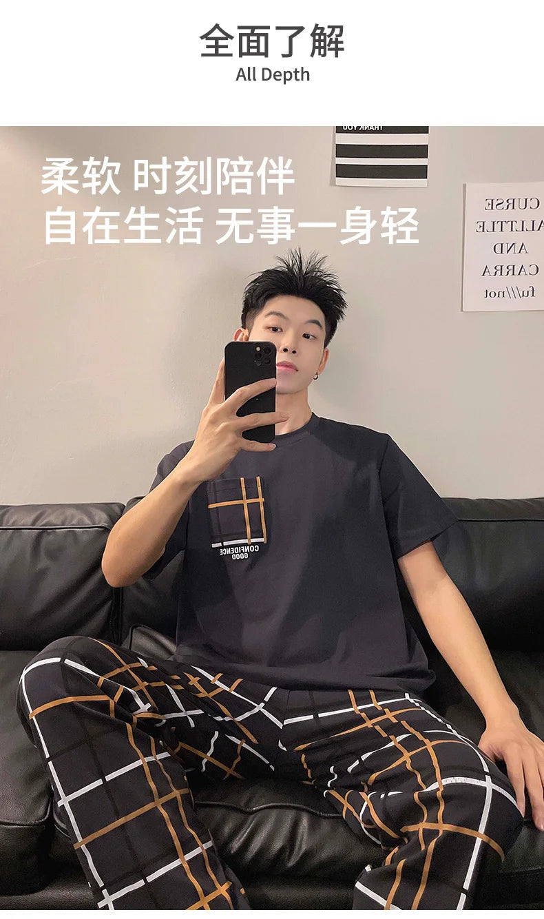 Summer Knitted Plaid Cool Mens Pyjamas Pajamas Casual Pjs Lounge Sets.