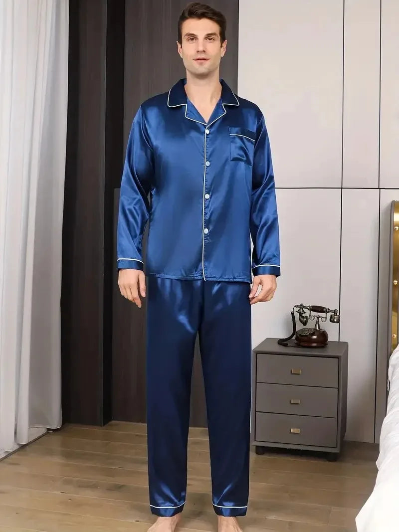 Men Pajamas Set Silk Satin Nightwear Shirt Long Sleeve.