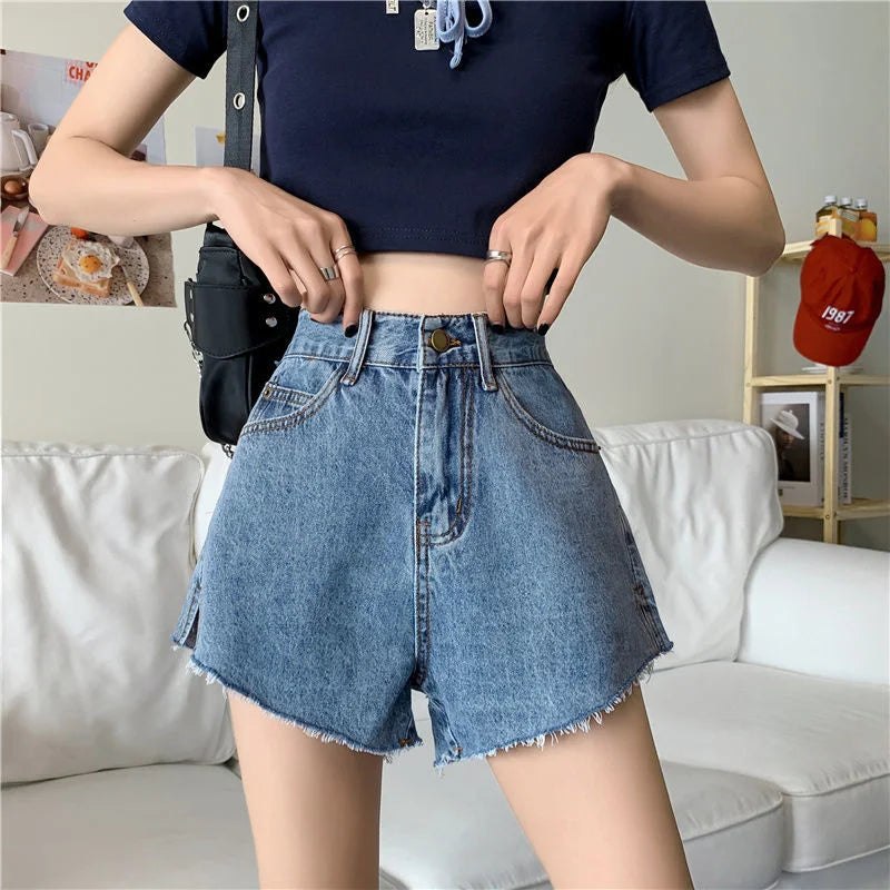 Ripped Denim Womens Shorts High Waist Wide Short Pants for Women.