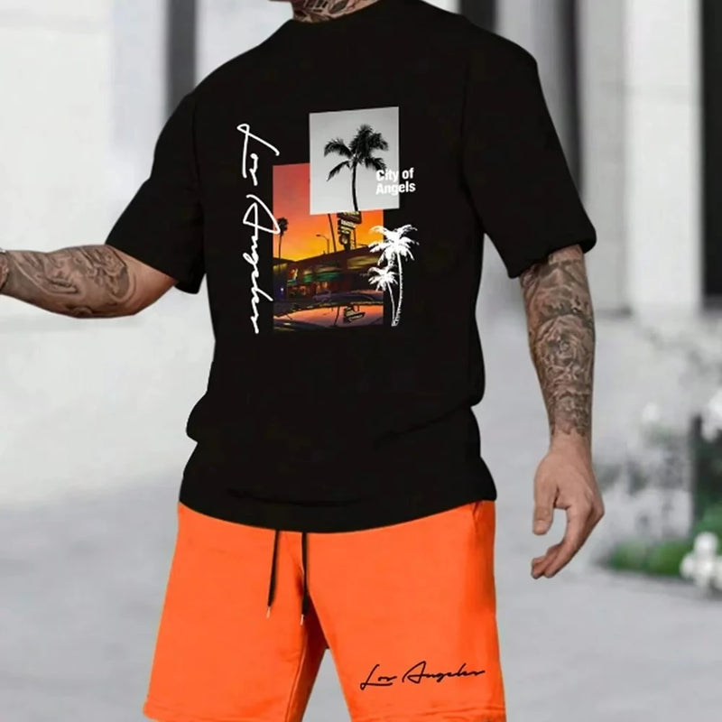 Men's Suit Hawaiian Gradient Coconut Print Suit Summer Beach T-Shirt and Pants 2 Piece.
