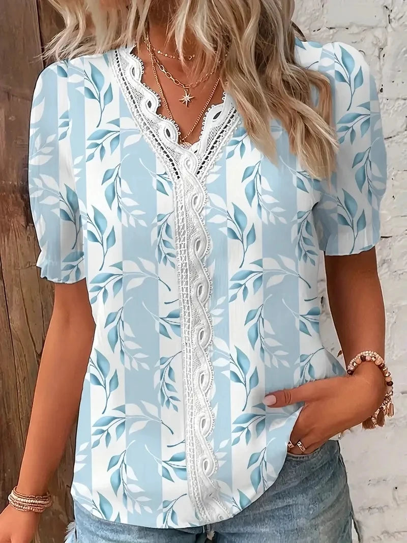 Fashion Casual Vacation Shirt Women Summer V Neck Hollow Out Solid Color.