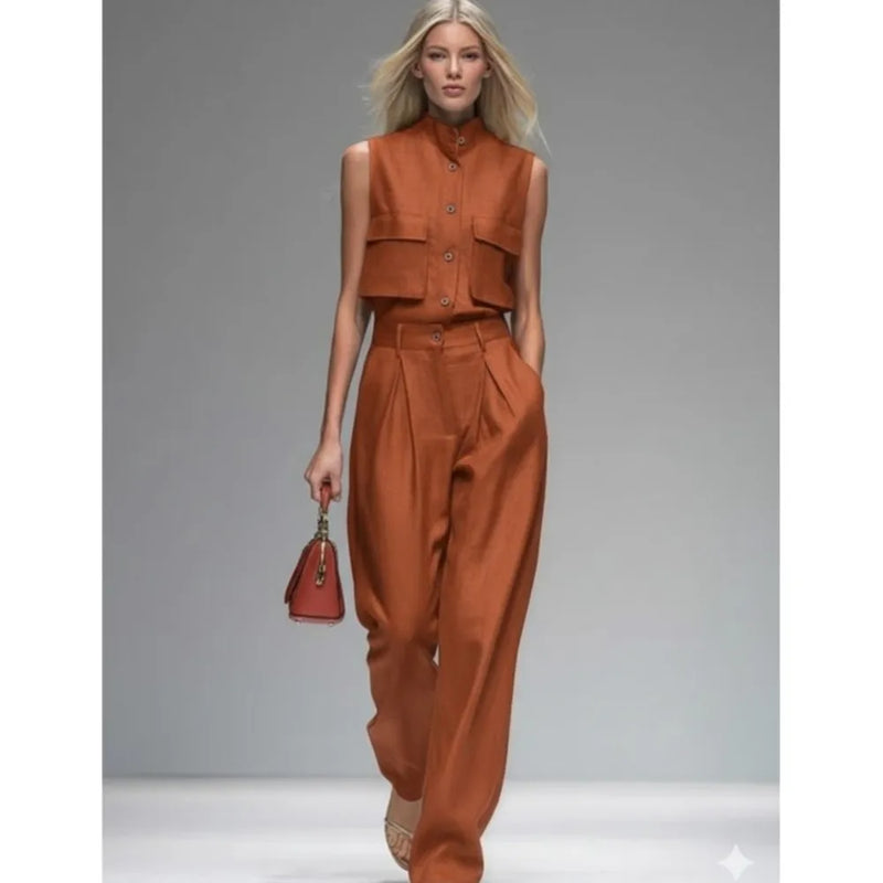 Fashion Stand-up Collar Single-breasted Pocket Vest Women Trousers Suit Spring Summer.