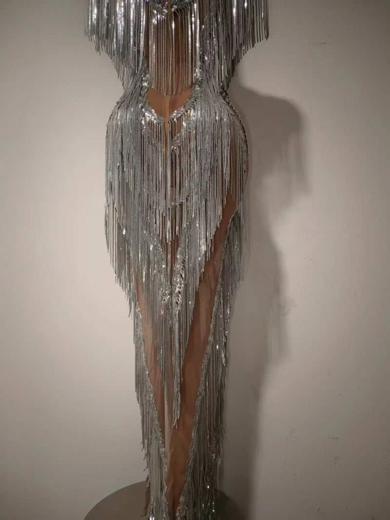 Women Sexy Mesh Sparkly Rhinestone Tassels Stretch Long Dress.