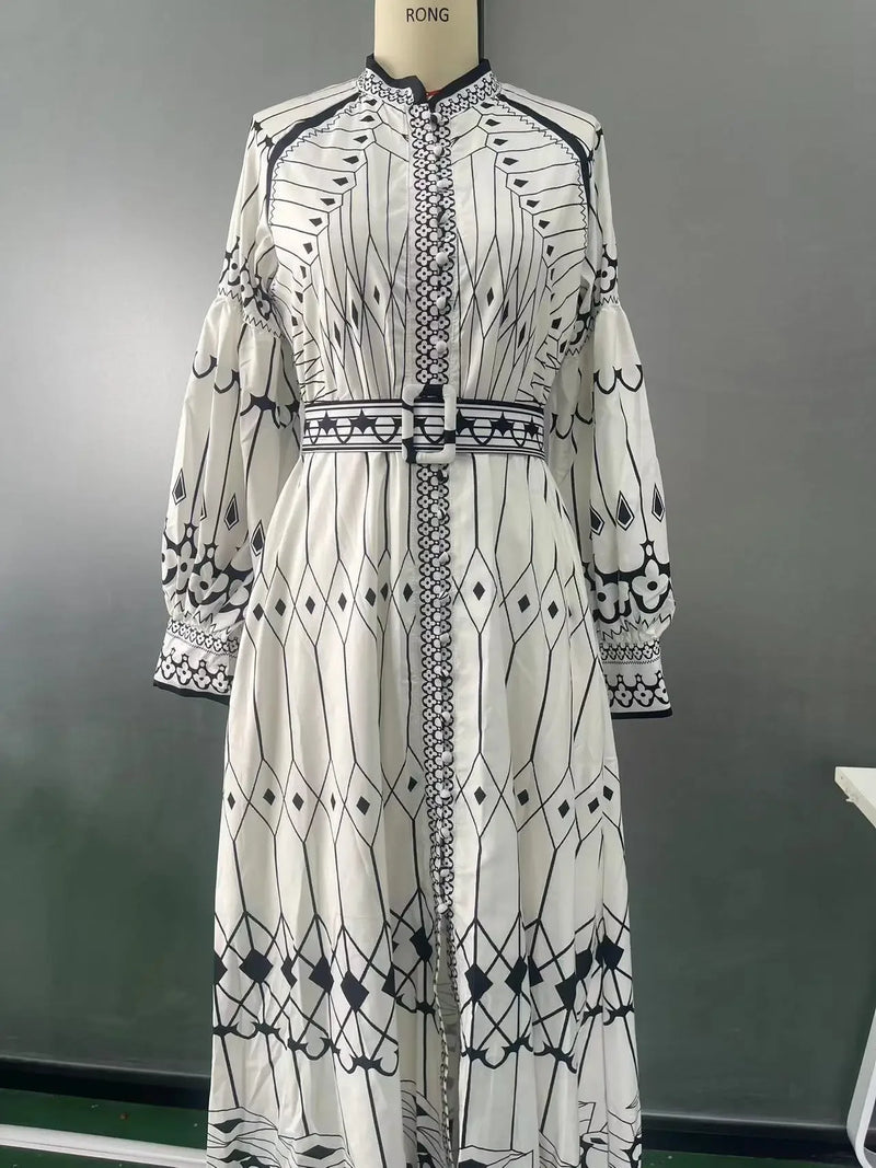Retro Elegant Stand Collar Long Dress Women Spring Pattern Print.