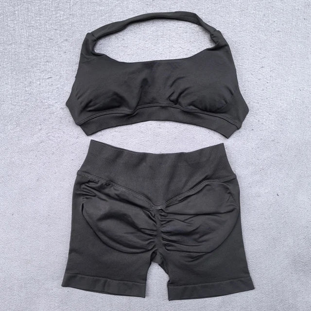 Shorts Set 2 Pieces Seamless Yoga Set Workout Tracksuit Women Halter Sport.