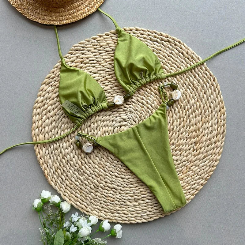 Solid Green Swimwears Sexy Halter Triangle Bead String Bikini Mini Micro.