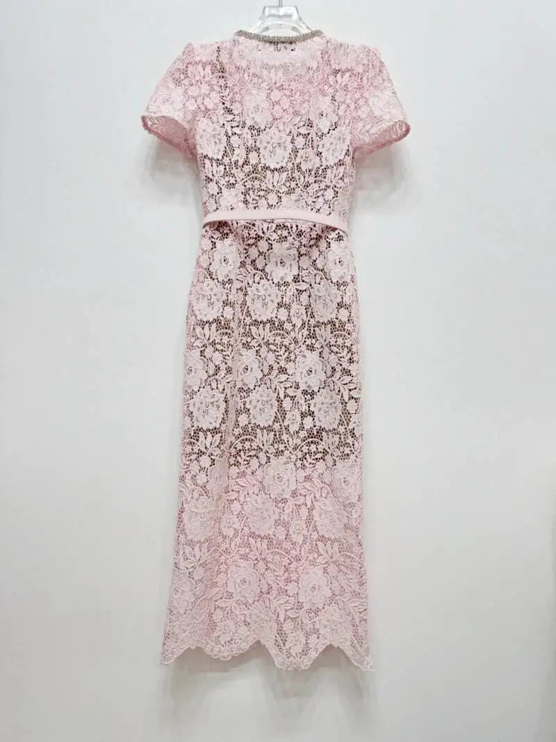 Women’s Lace Midi Dress Diamonds Bow Pink Floral Crystal Short Sleeve.
