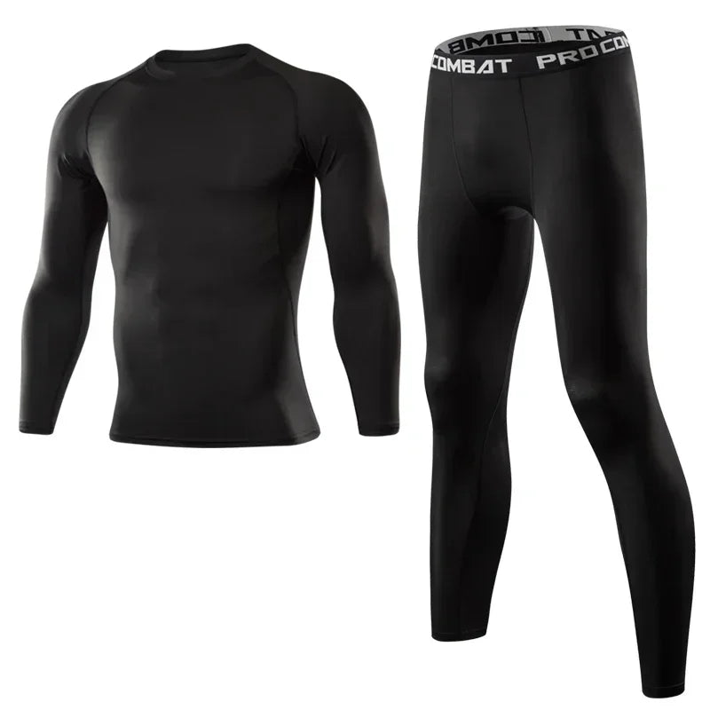 Men Sports Running Set Compression Shirt + Pants Skin-Tight Long Sleeves.
