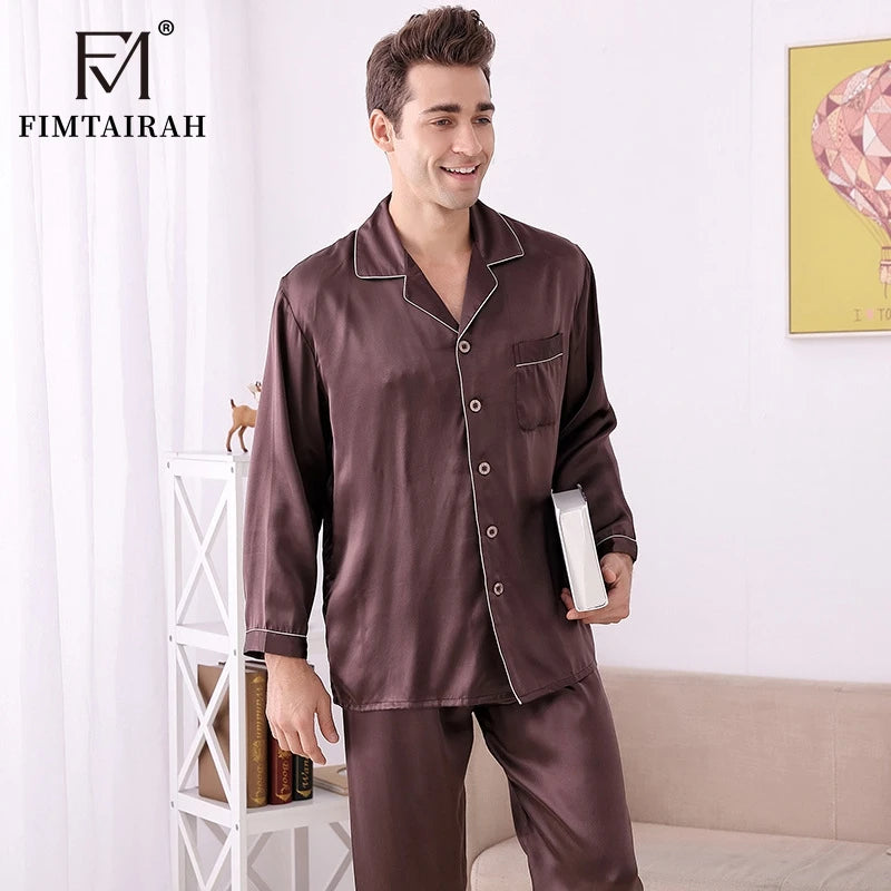 Men's Two Sets Sleepwear Summer Soft Long Sleeve  Home Wear  Mulberry Silk Pijimas.