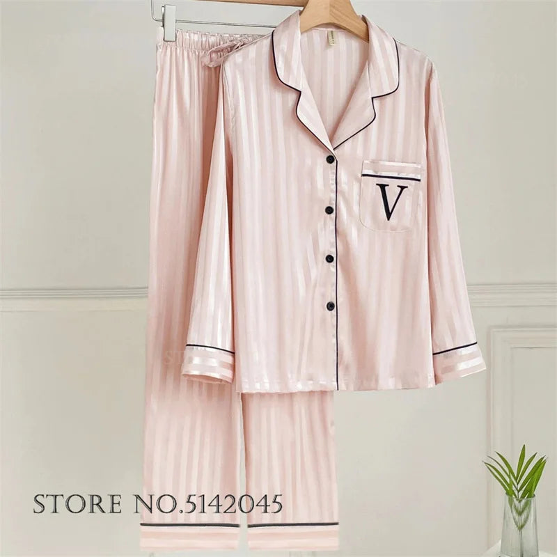 Female 2pcs Pajamas Set Sleepwear Long Sleeve Trouser Pijamas Suit.