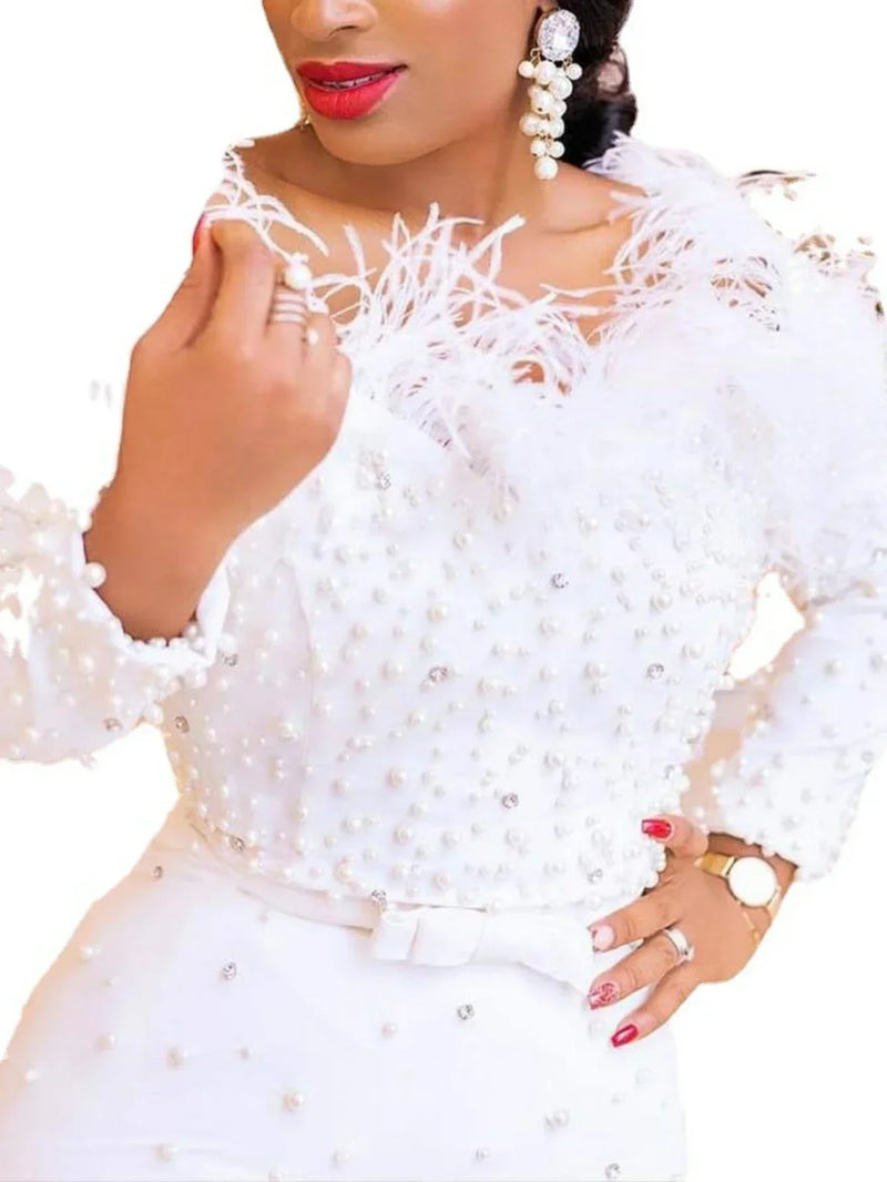 Feather White Dress Party Women Pearls Long Night Dresses.