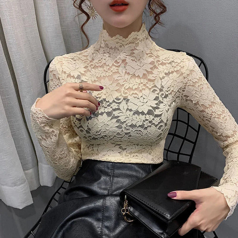 Stretch Floral Lace Petal Sleeve Shirt Women's Long Sleeved T Shirt Ladies.