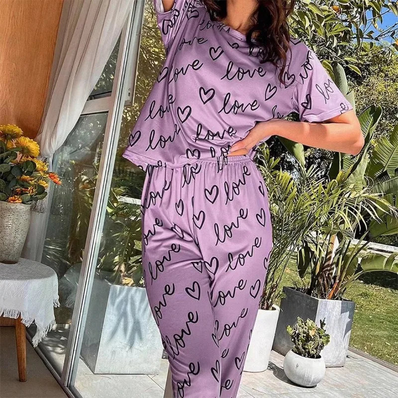 Ladies Pyjamas Dark Pink Letter Printed Short Sleeved T-shirt and Pants.