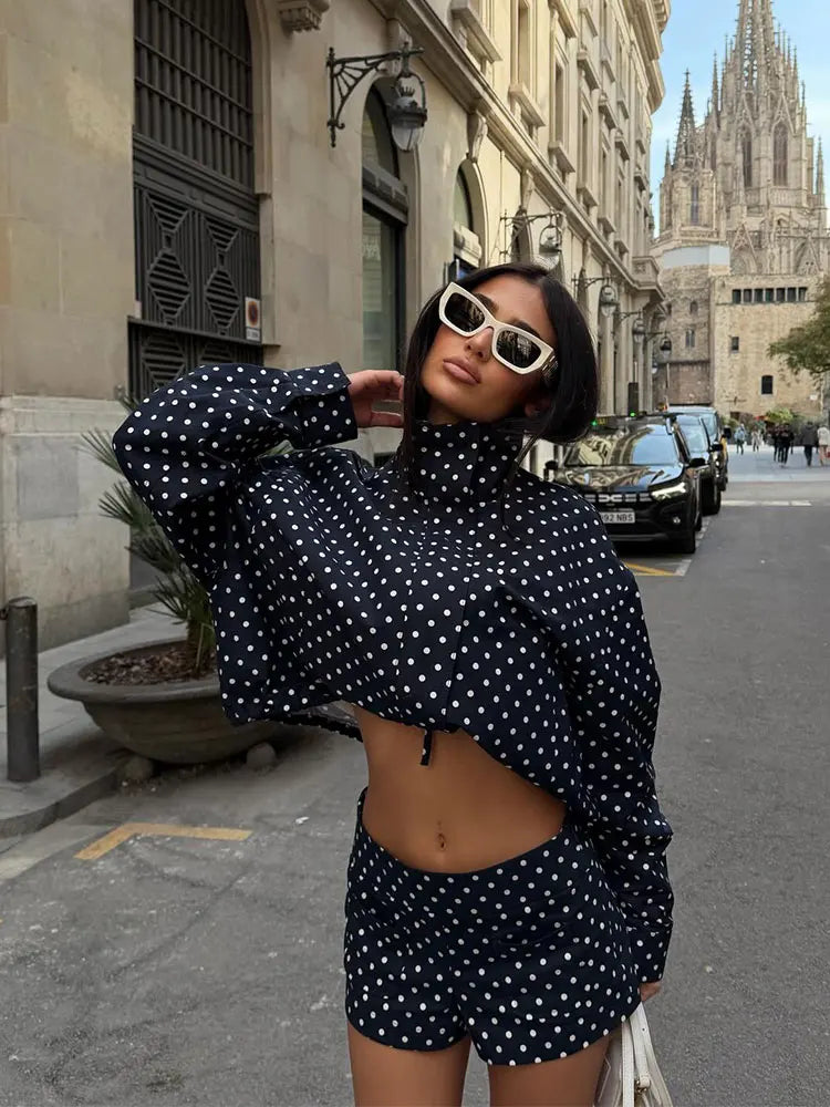 Polka Dot Shorts Sets For Women Trend Outfits Long Sleeve Zipper Turtleneck Jacket Coat Spring Woman Elegant 2 Piece.