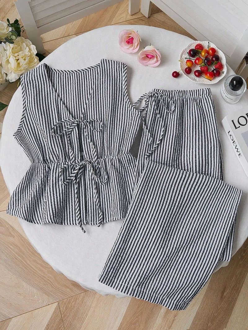 Summer Two Piece Set Women Striped V Neck Lace Up Sleeveless Blouse High Waist Wide Leg Pants.