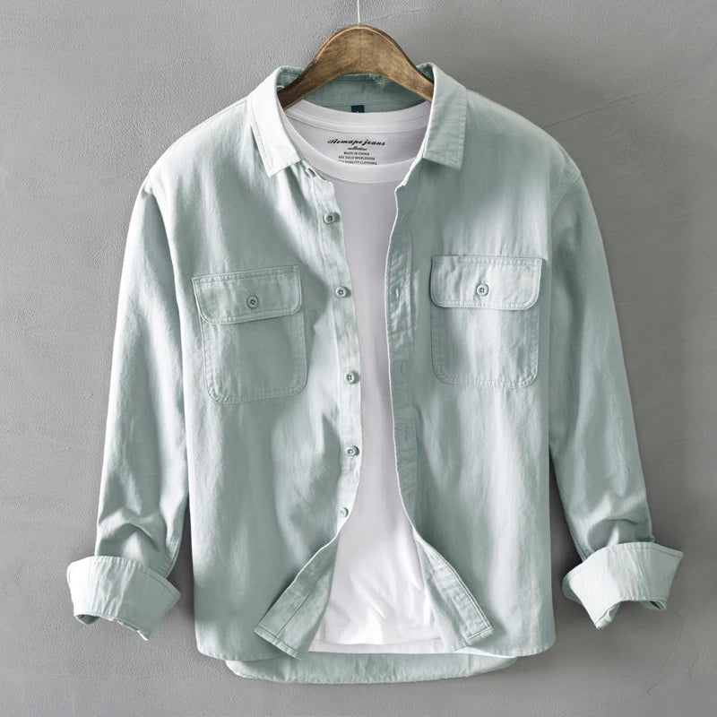 Mens Vintage Shirt Male Lone Sleeve Cargo Shirts Cotton Casual Solid Shirt.