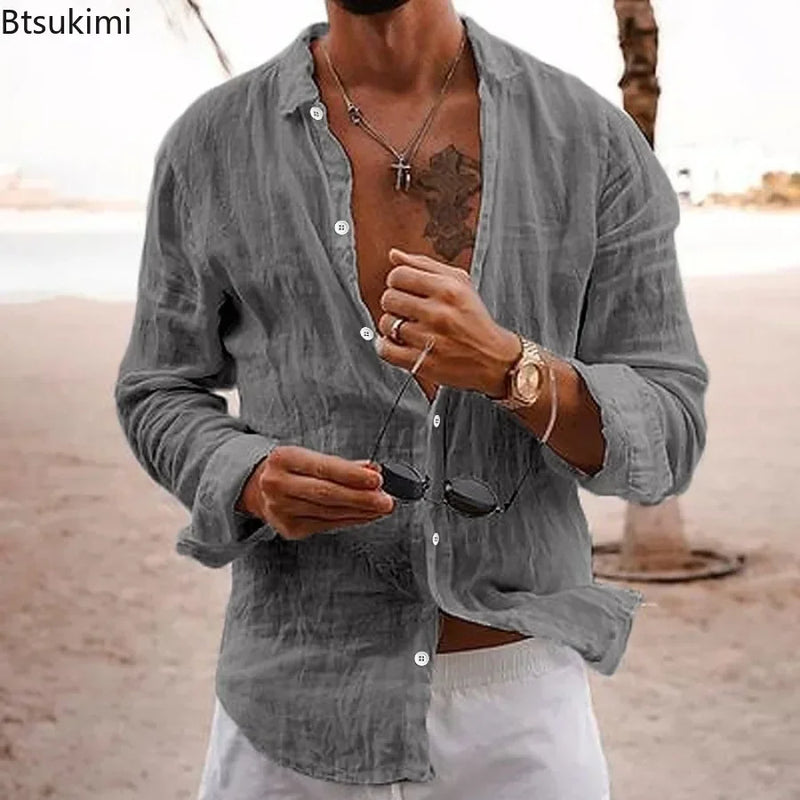 Men's Cotton Linen Shirts Top Simple Laple Solid  Man Shirts Tops Comfortable.