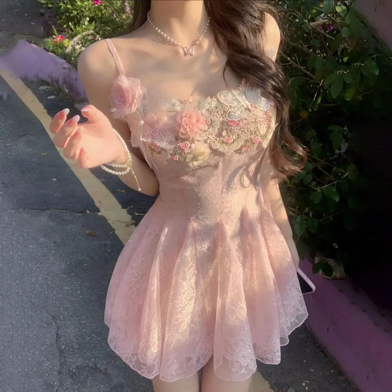 Women’s  Sweet Kawaii Y2k Min Dress Lolita Cute Sleeveless Floral Dress.