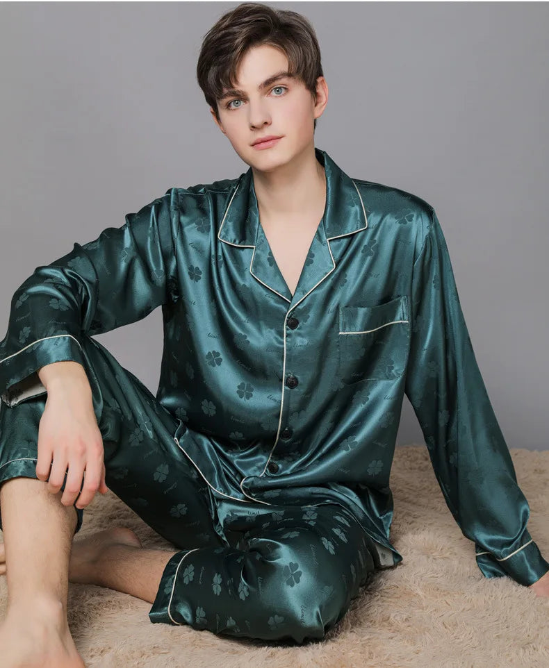 Men Ice Silk Pajamas Suit Summer Plus Size.