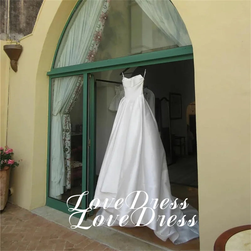 Women’s Customized Simple Stain Strapless Pleats A-Line High Side Slit Wedding Dress.