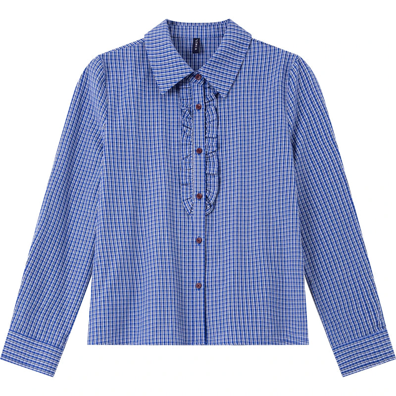 VIMLY Women's Plaid Shirt Spring New Ruffle Lapel Collar Contrast Button.
