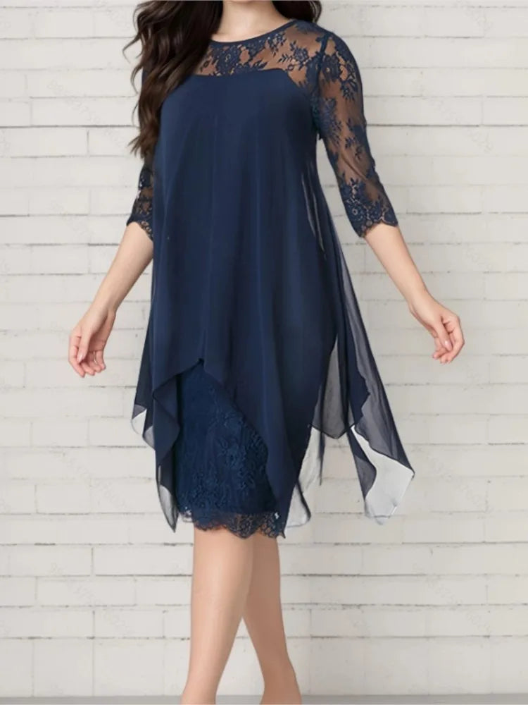 Plus Size Female Dresses Lace Patchwork Asymmetric Hem Loose Waist Three-quarter.