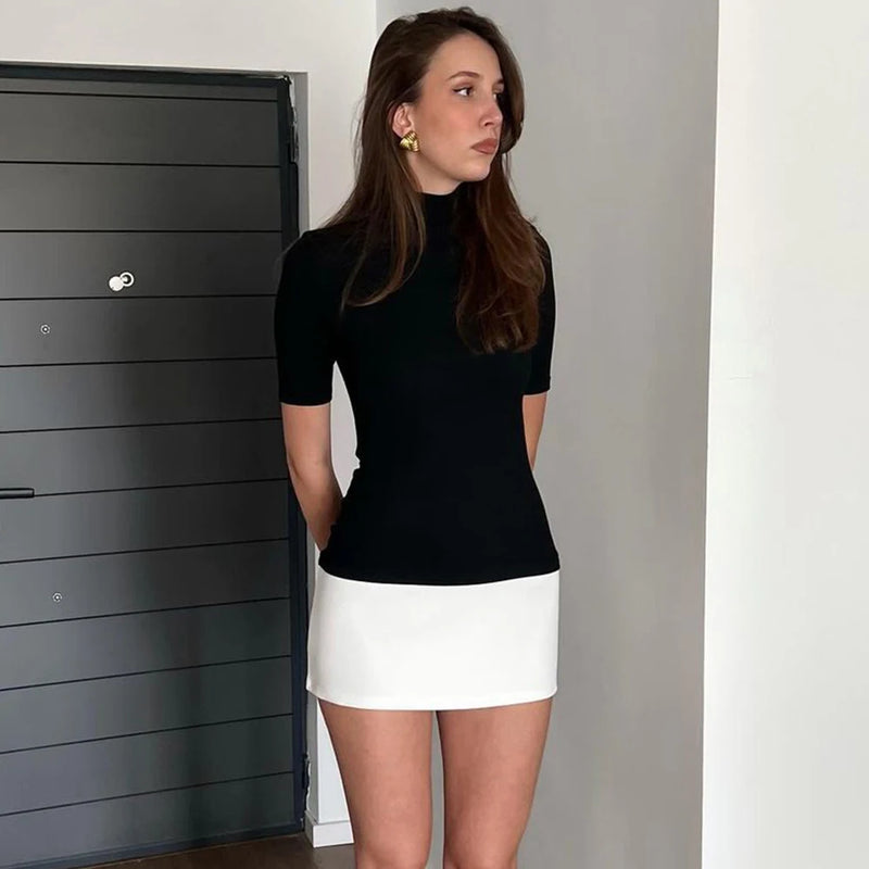 Talenza Elegant Contrast Color Mini Dress Women's Sexy High Neck Short.