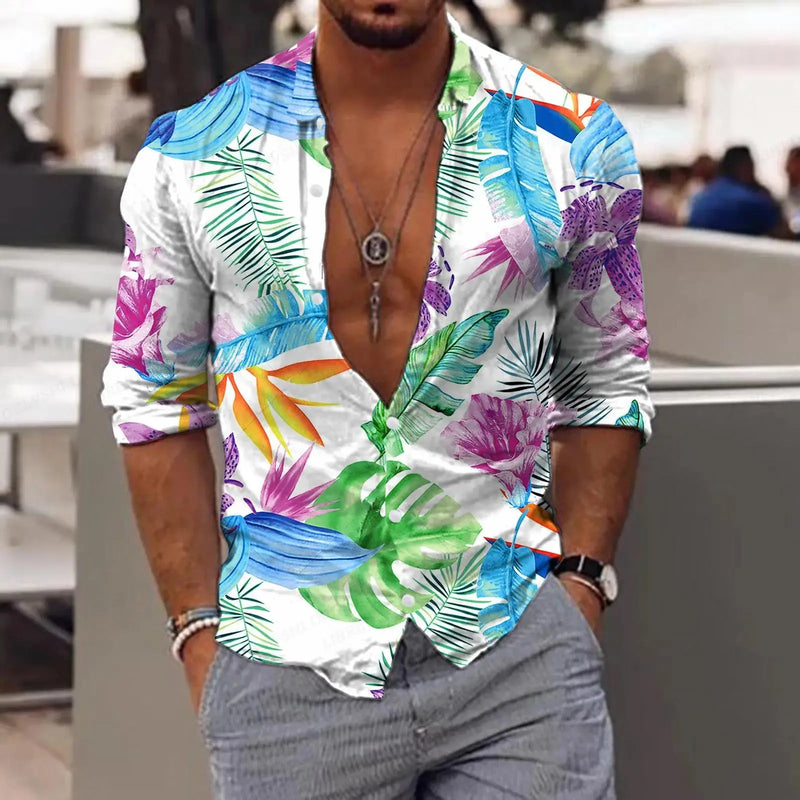 New Trend Men's Shirts Casual Floral Printed Lapel Button Long Sleeve.