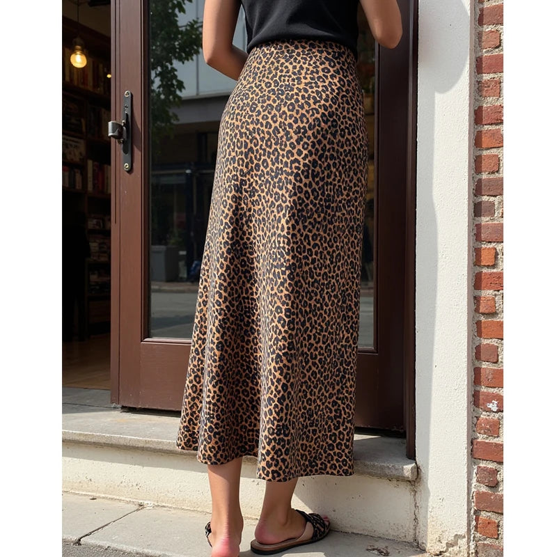 Leopard Print Long Skirt Woman High Waist Midi Skirts for Women.
