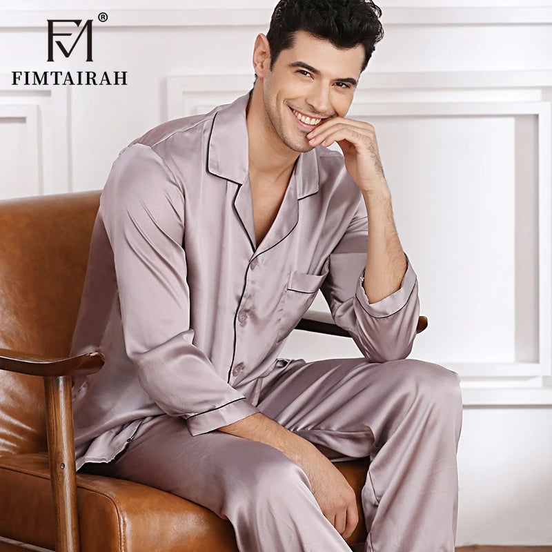 Men's Two Sets Sleepwear Summer Soft Long Sleeve  Home Wear  Mulberry Silk Pijimas.